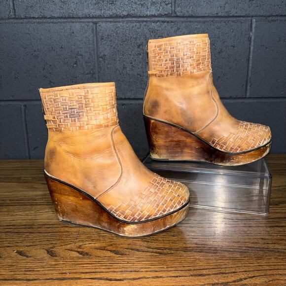 Bed|Stu Women’s 7 Tan Leather Woven Wedge Ankle Boots Boho Artisan Style - Picture 1 of 9